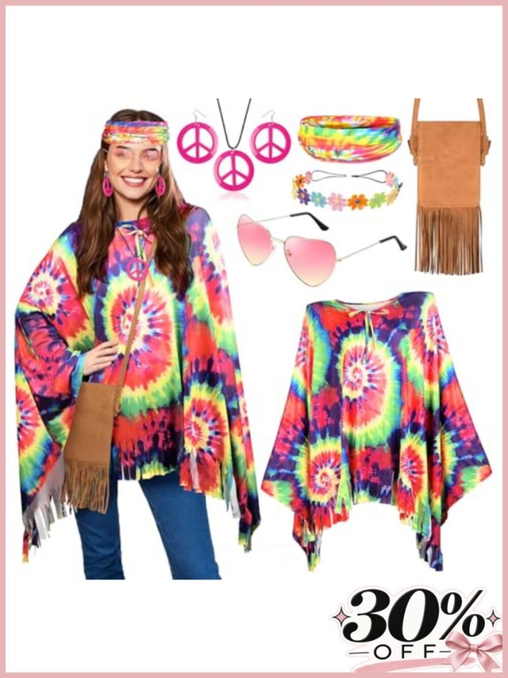 Hippie Costume Set Women Tie Dye Poncho Fringe Bag Flower Crown Halloween